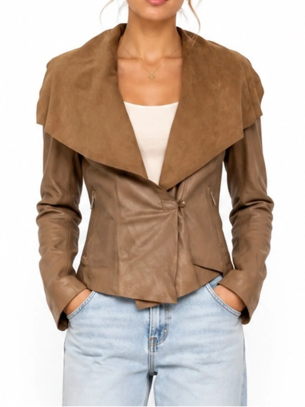 Vintage Y2K Leather Moto Jacket Brown Suede Waterfall Collar XS Michael Kors